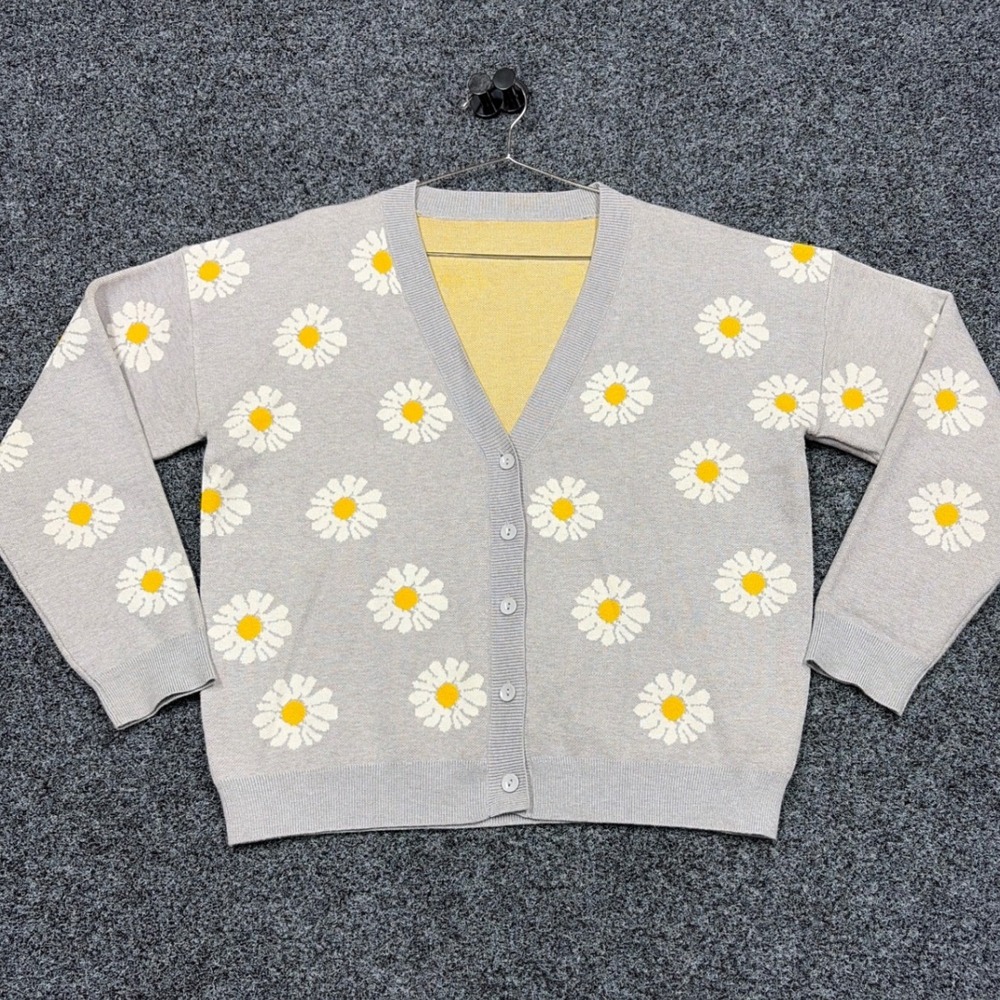 Unbranded Daisy Print Cardigan Women Grey Floral Knit V-Neck Sweater Retro Boho